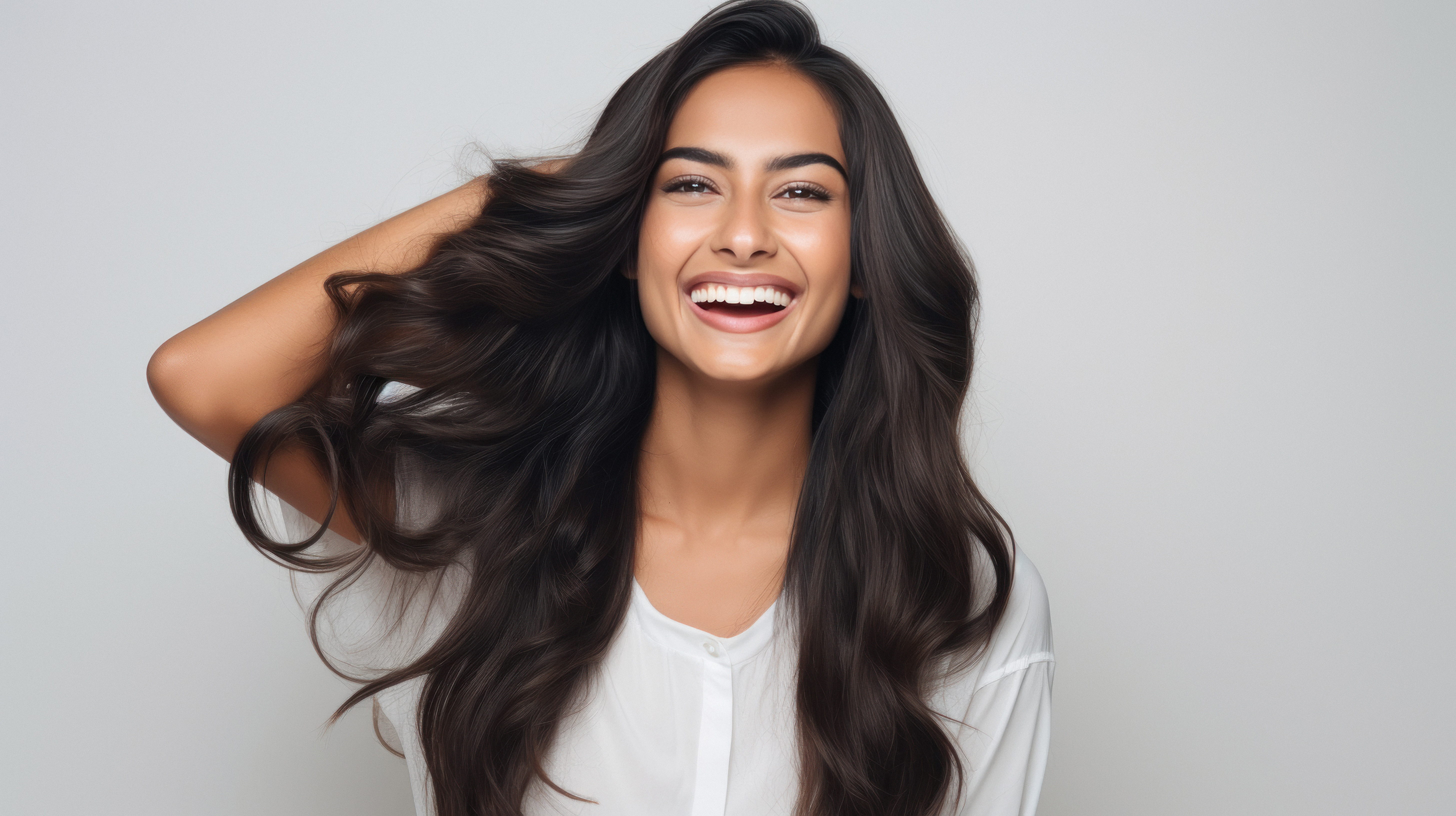 Woman with long styled dark hair